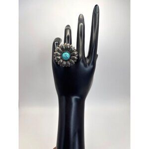 Silver Tone Daisy Flower Faux Turquoise Ring Southwestern Style Size 8
